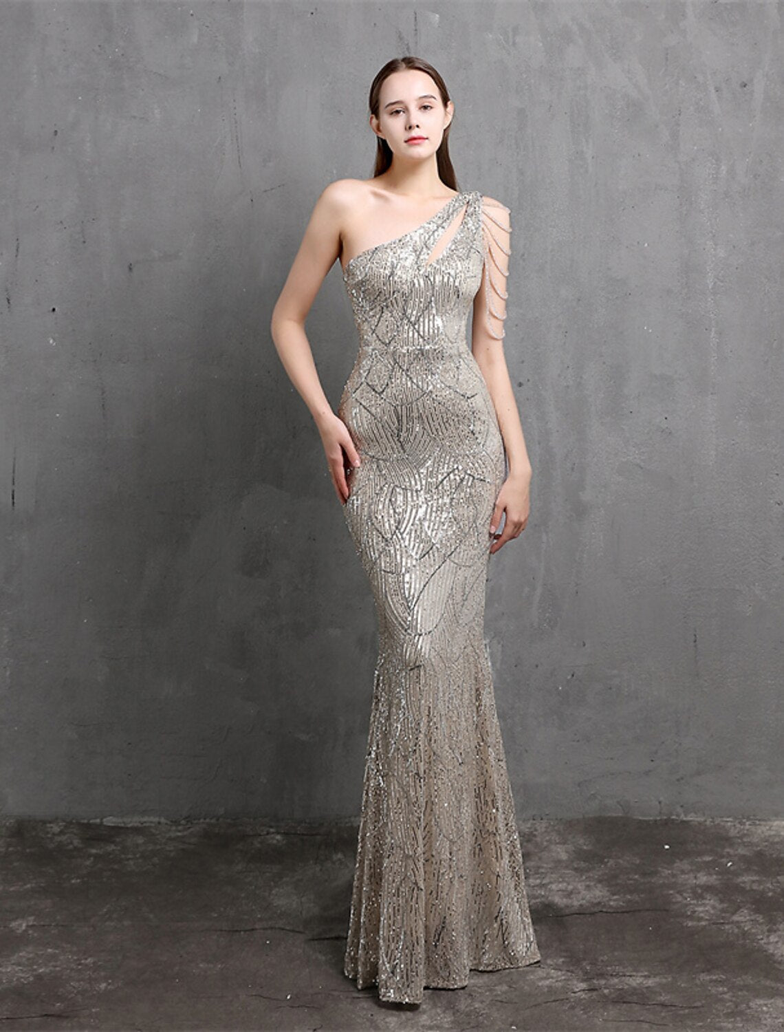 Mermaid / Trumpet Evening Gown Sparkle & Shine Dress Formal Wedding Guest Floor Length Short Sleeve One Shoulder Sequined with Sequin